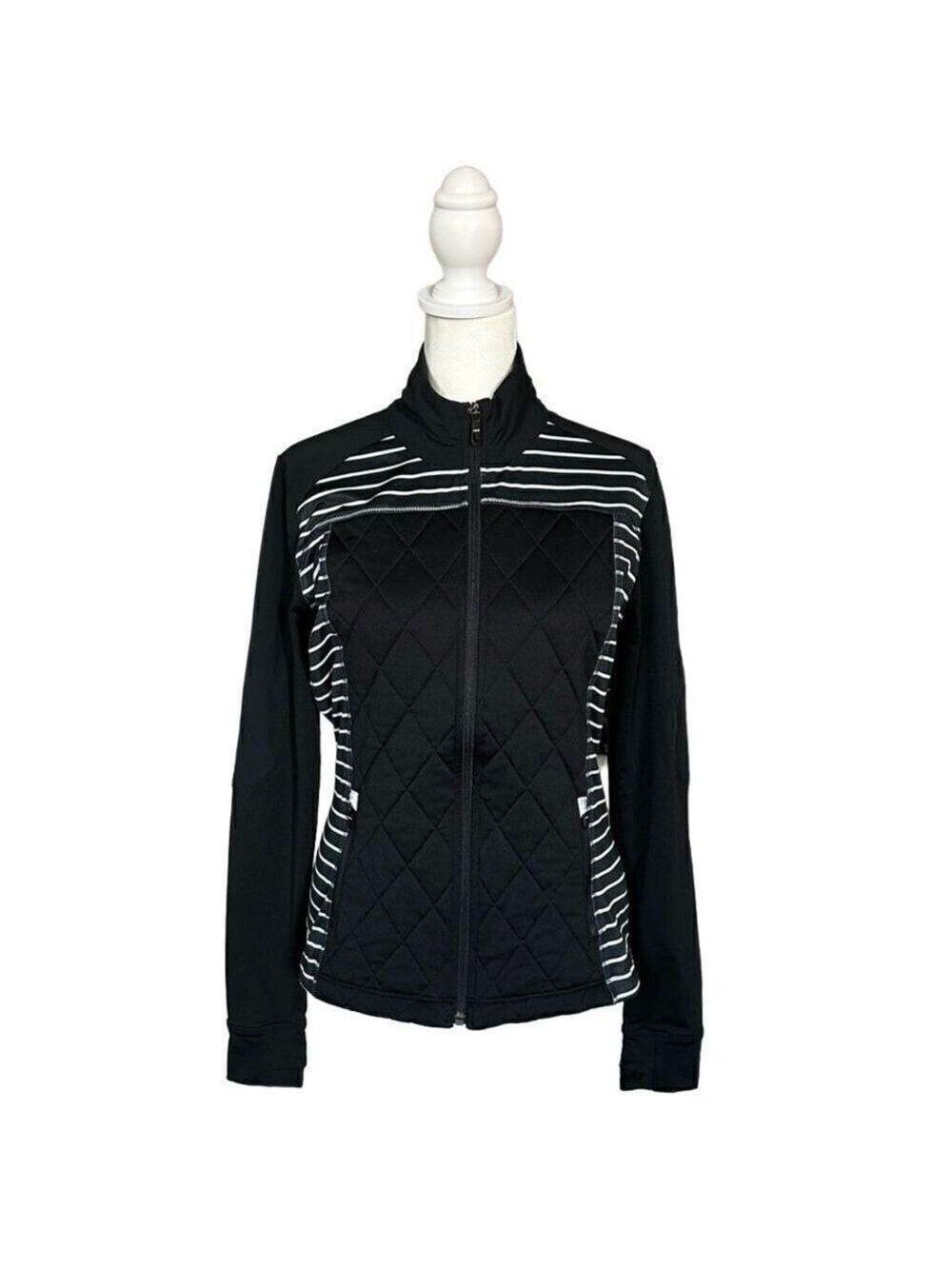Lole Black & White Stripe Quilted Hybrid Full Zip Thumbhole Jacket Size Small